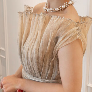 Champagne Pleated Off-Shoulder Gown