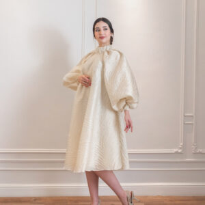 Ivory Textured Balloon-Sleeve Dress
