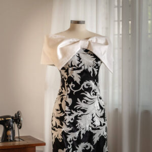 Embroidered Black and White Gown with Bow Accent